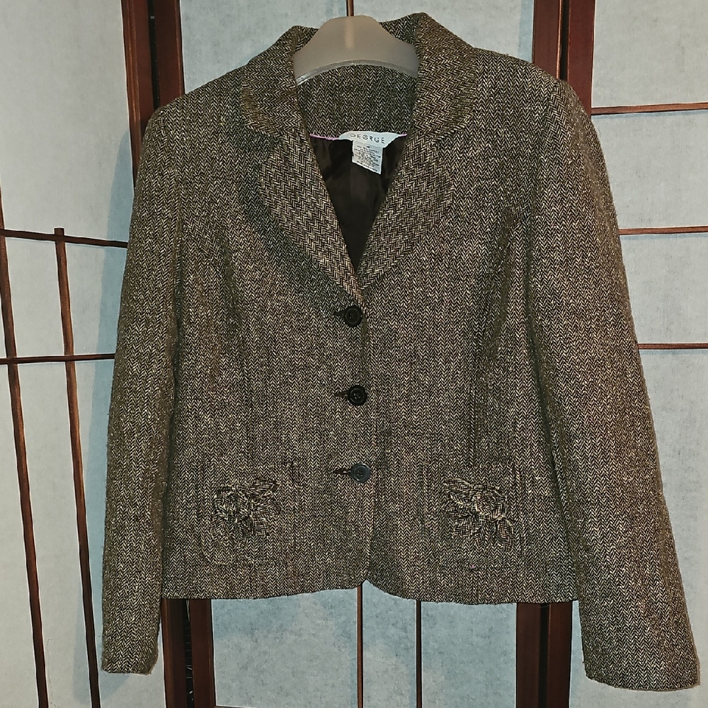 George Women's Brown Tweed Blazer with Floral Pocket Trim
